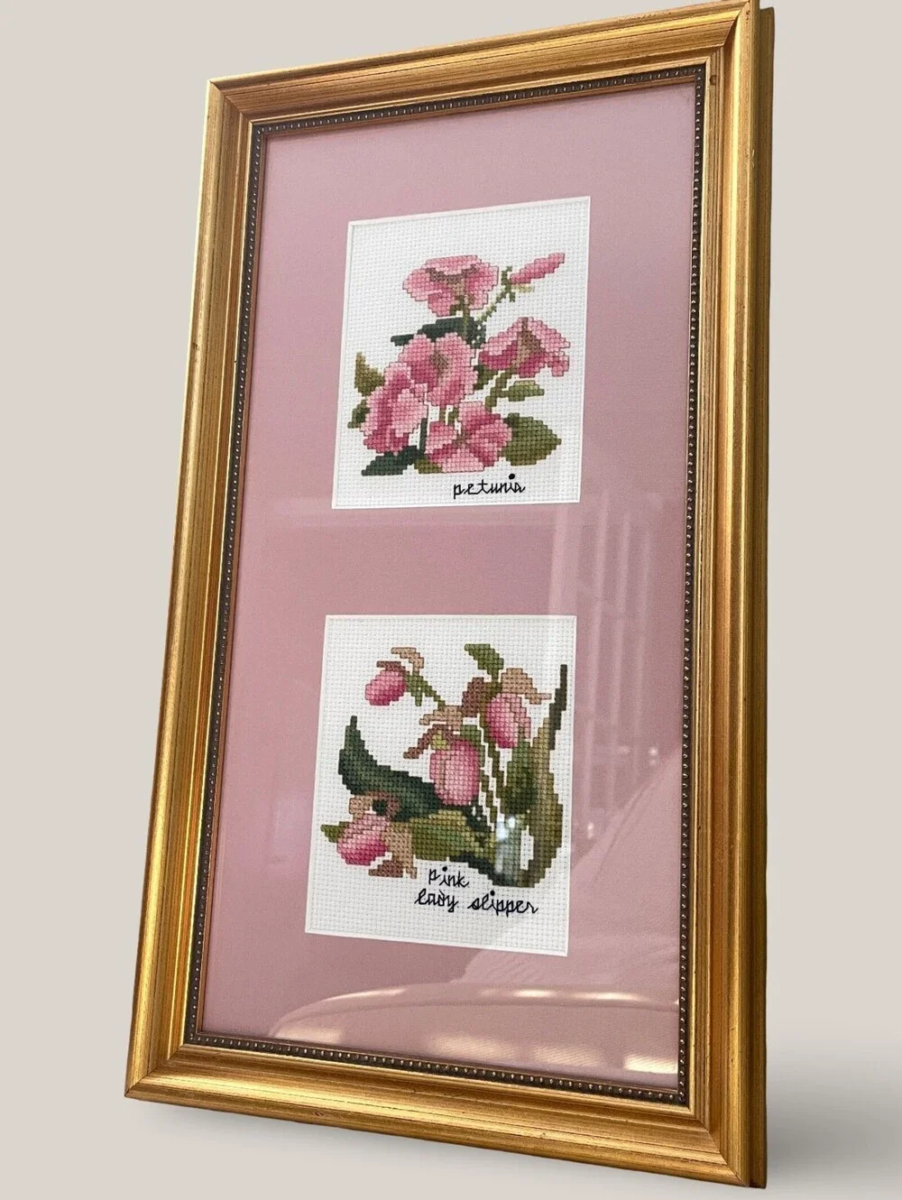 Vintage Gold Framed Floral Cross Stitch Wall Art | Petunia & Pink Lady Slipper
